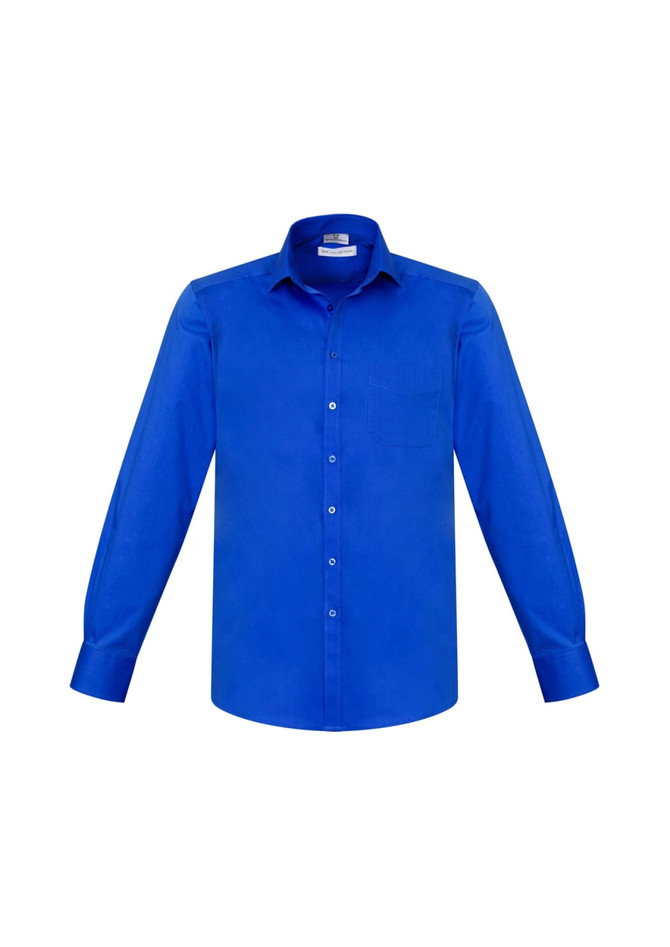 A vibrant blue long sleeve button-up shirt with a single pocket and a collar, featuring branded details.