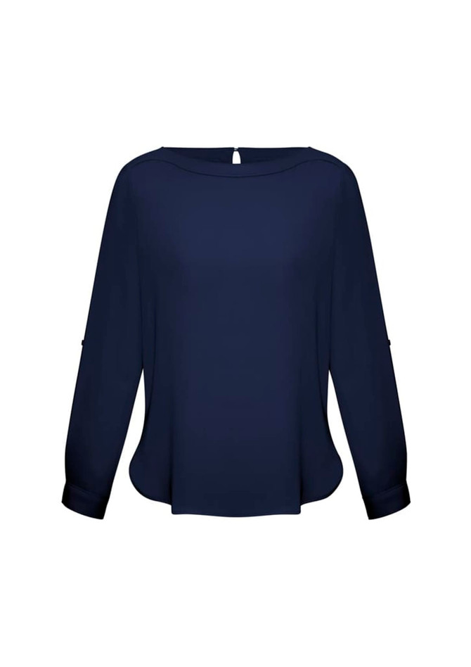 A navy women's boatneck top featuring long sleeves and a relaxed fit, with a small logo at the back.