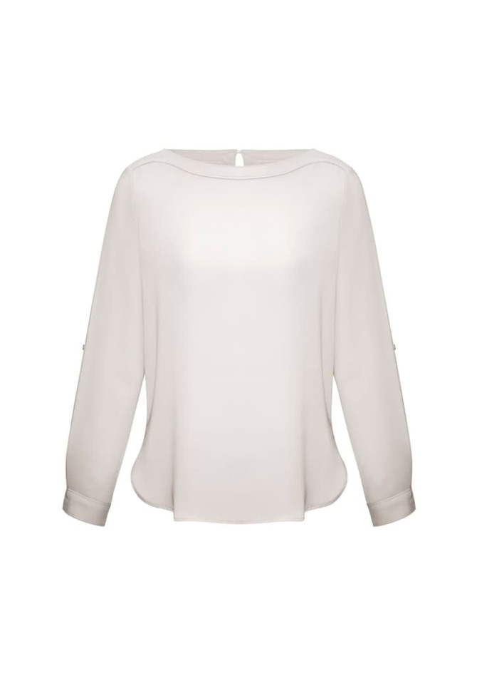 A light cream women's shirt with a boat neckline and long sleeves, featuring button details on the cuffs.