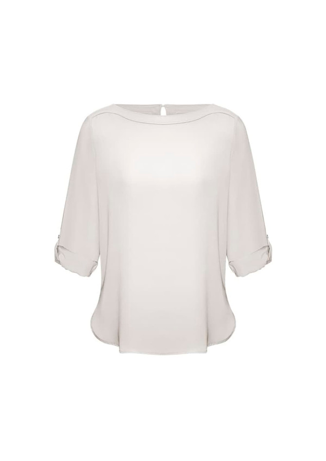 A light grey women's boatneck top with three-quarter sleeves and a subtle back button detail.