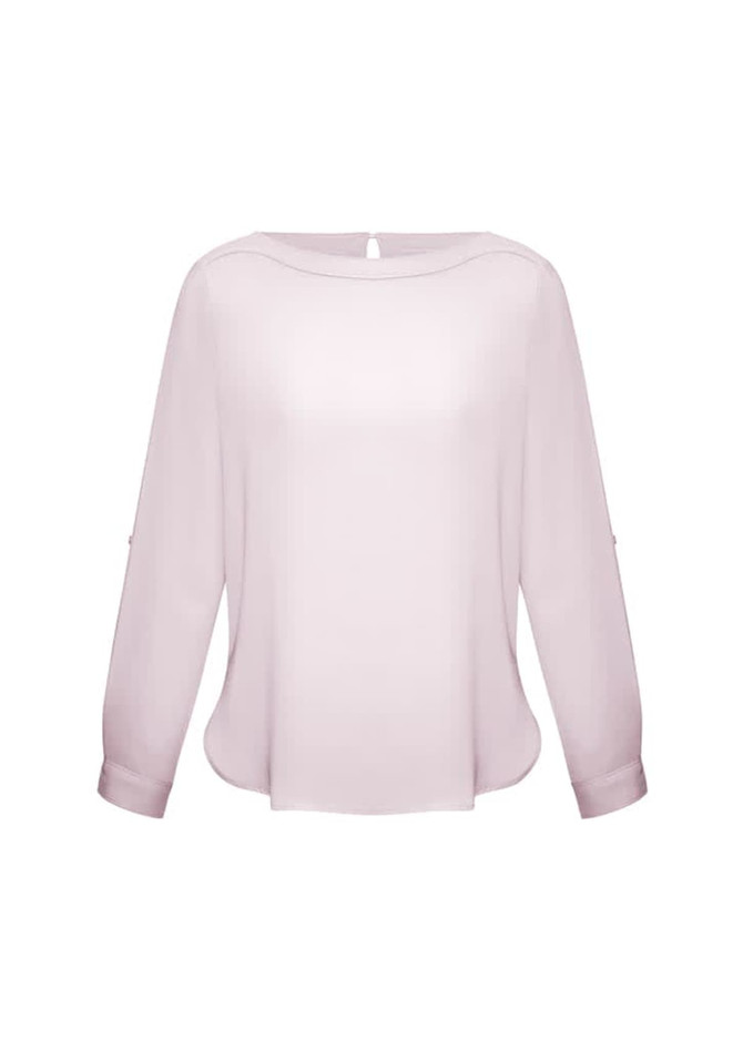 A light pink women's boatneck top with long sleeves and a round hem, featuring a small keyhole detail at the back.