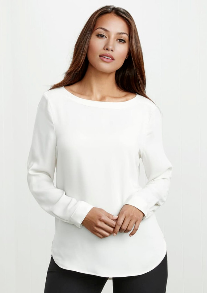 A women's white Madison boatneck top with long sleeves, featuring a smooth fabric and a subtle logo.