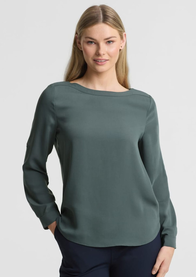A women's boatneck top in a deep green colour, featuring long sleeves and a smooth finish. It has a branding logo.