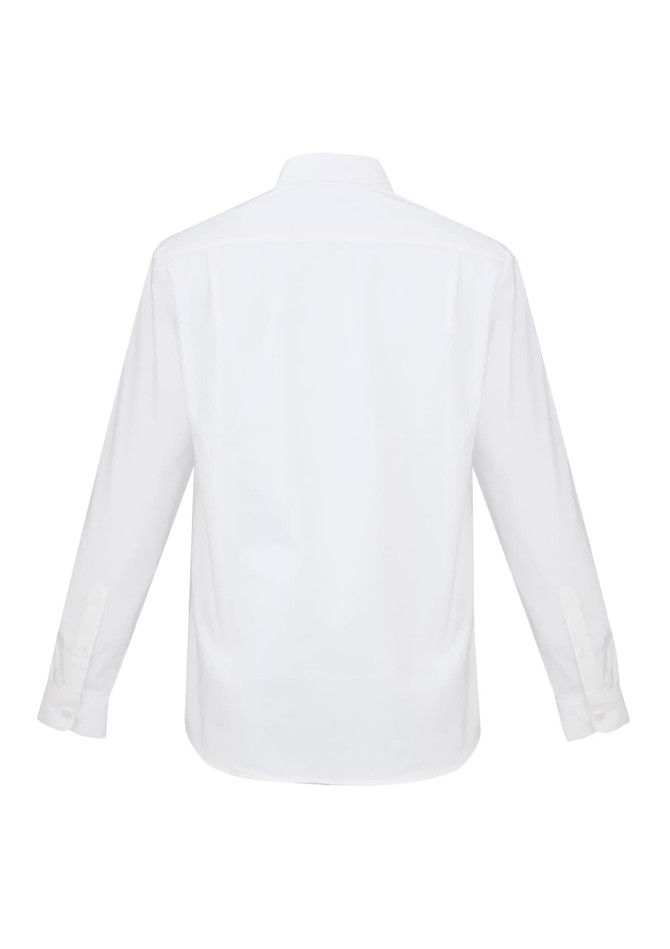 A white long sleeve button-up shirt featuring a collar and buttoned cuffs, with a plain back design.