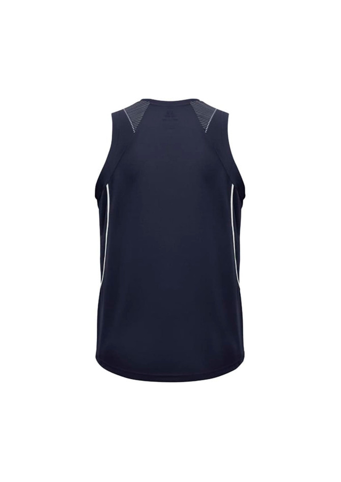 A navy singlet with a sporty design, featuring a logo and contrast stitching on the shoulders.