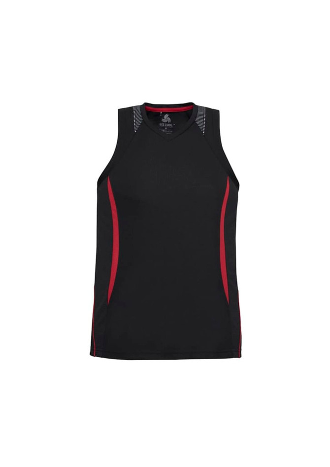 A black singlet featuring red accents and a logo. Designed for men, with a sleeveless style.