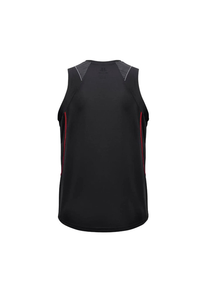 A black men's singlet with red detailing, featuring a logo on the back. 