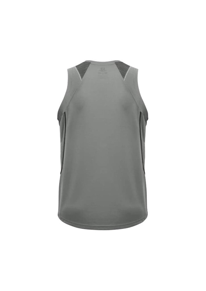 A men's singlet in a muted green colour, featuring a sleek design and a logo on the back.