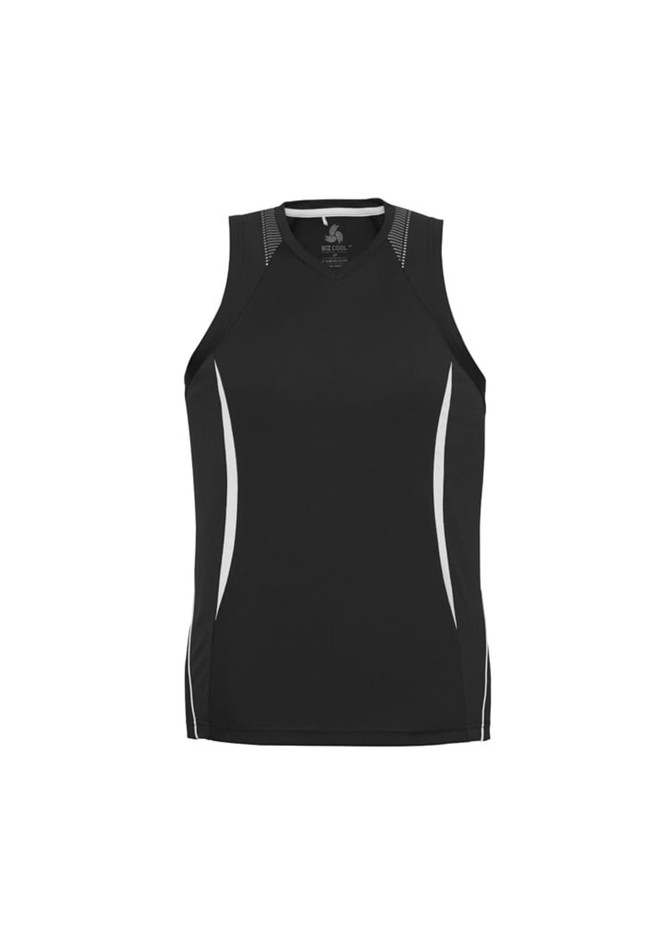 A black men's singlet with contrasting grey accents and a logo on the front.
