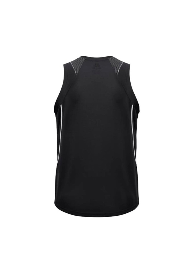 A black men's singlet with white accent stitching and a logo at the back.
