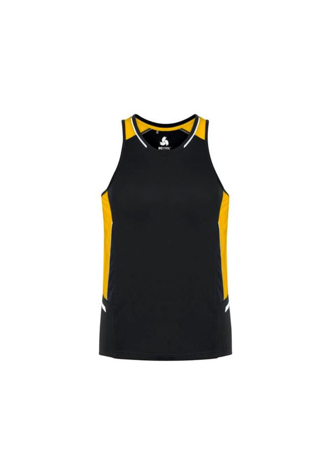 A black and yellow sleeveless singlet featuring a logo, designed for men.