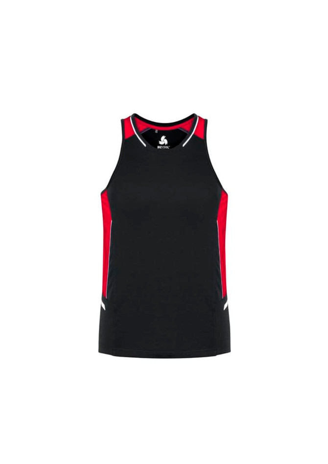 A black singlet with red side panels and a logo on the front, ideal for sports or casual wear.