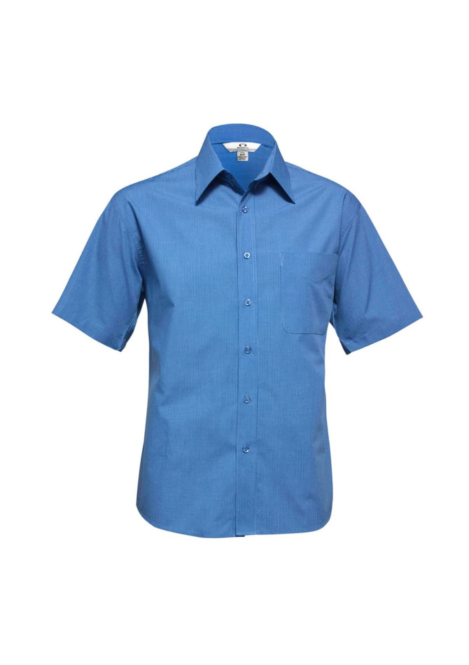 A blue short sleeve button-up shirt featuring a micro check pattern and a single chest pocket.