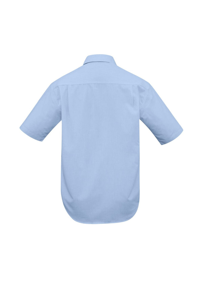 A light blue short sleeve button-up shirt with a back yoke and curved hem. Features a logo on the back.