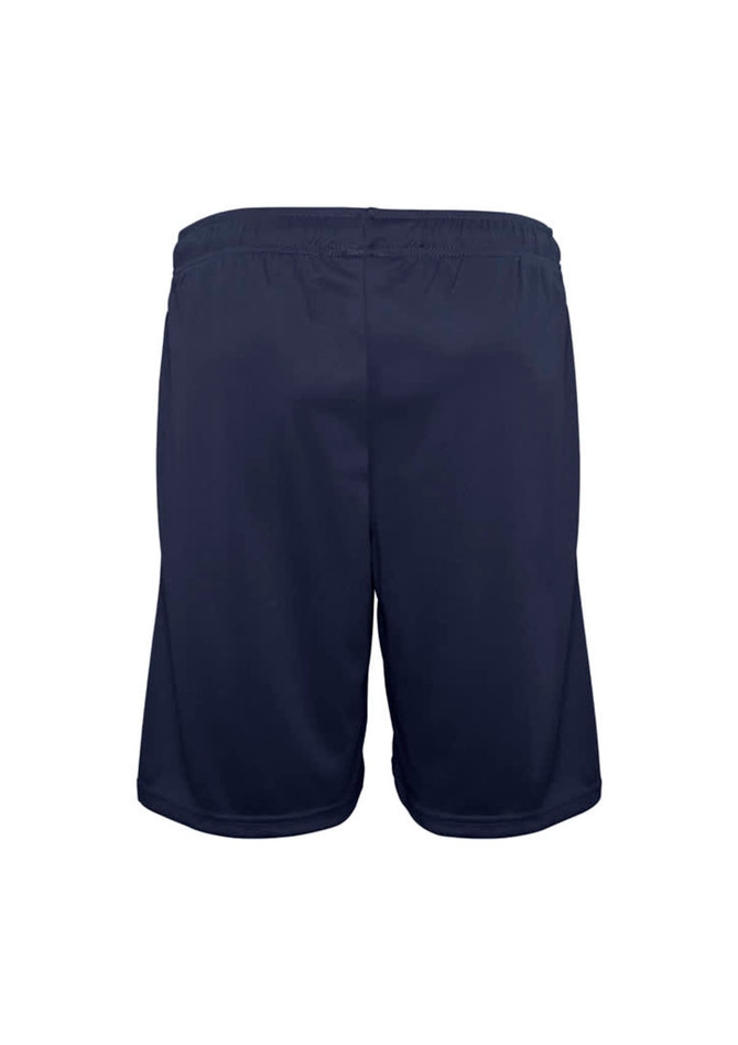 Navy sports shorts featuring an elastic waistband and a simple design, with a branding logo present.