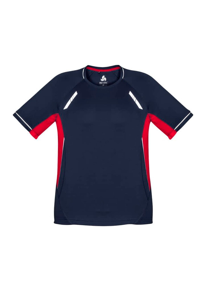 A navy short sleeve tee with red accents and white detailing, featuring a logo on the chest.