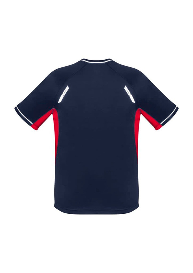 A navy blue short sleeve tee with red accents and reflective details on the shoulders. It features a logo.