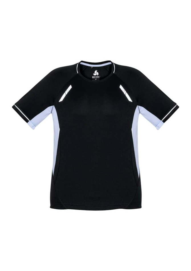 A black short sleeve tee with light blue accents and a logo on the upper front.