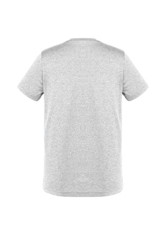 A grey short sleeve tee featuring a crew neck design and a logo on the back.