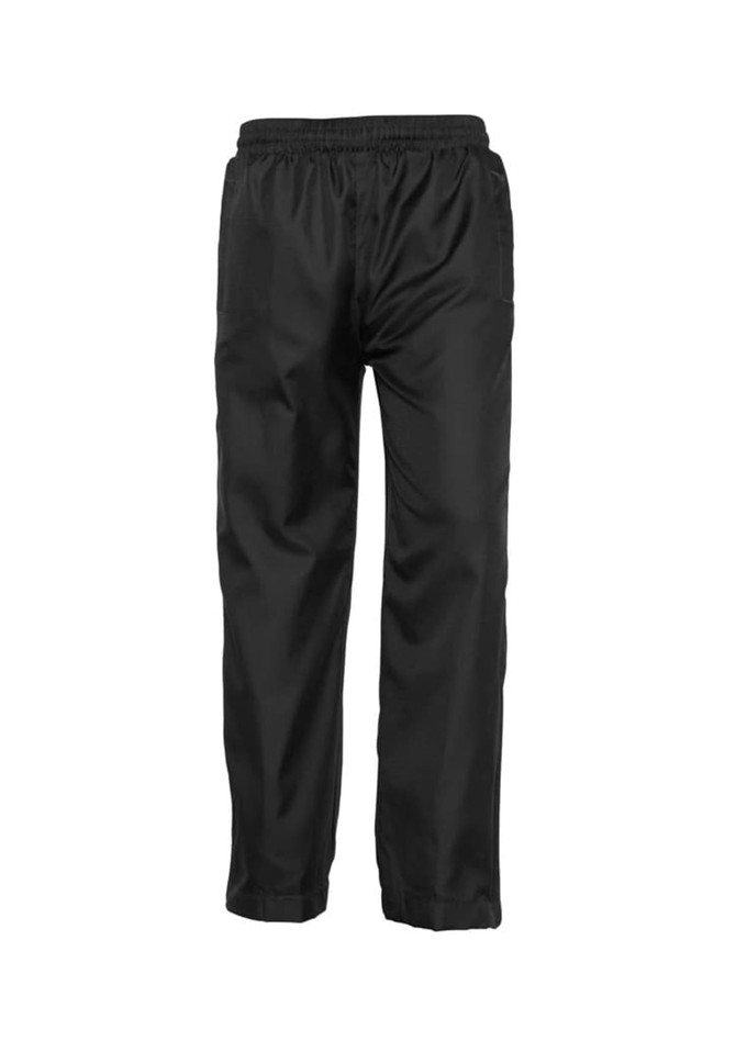 Black track pants featuring an elastic waistband and pockets, with a logo on the side.
