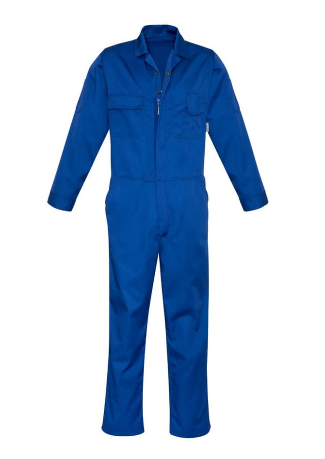 A blue men's service overall featuring a front zipper and multiple pockets. It has a branding logo on it.