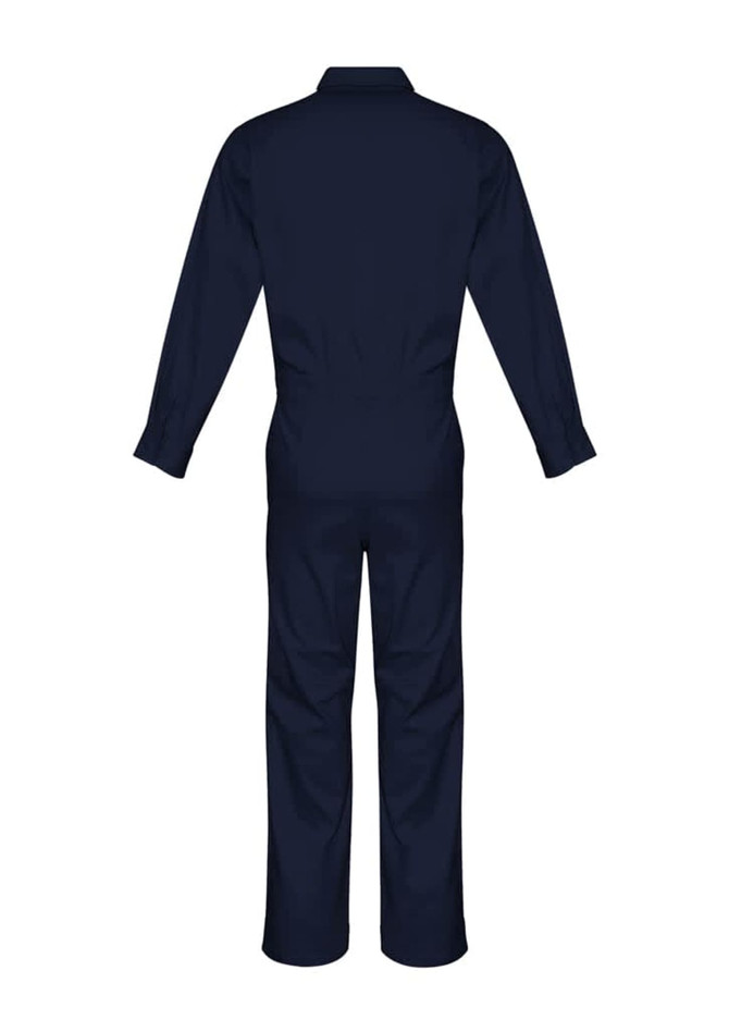 A navy lightweight cotton drill overall featuring long sleeves and a full back design, suitable for uniforms.
