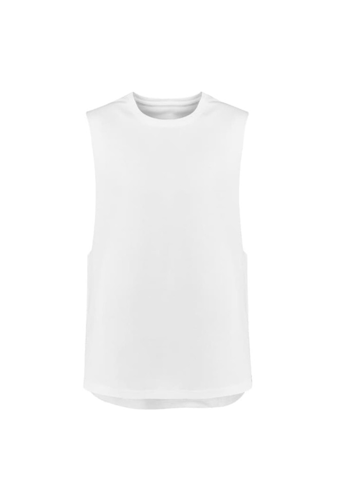 A white sleeveless tee with a relaxed fit, featuring a simple design and no visible branding.