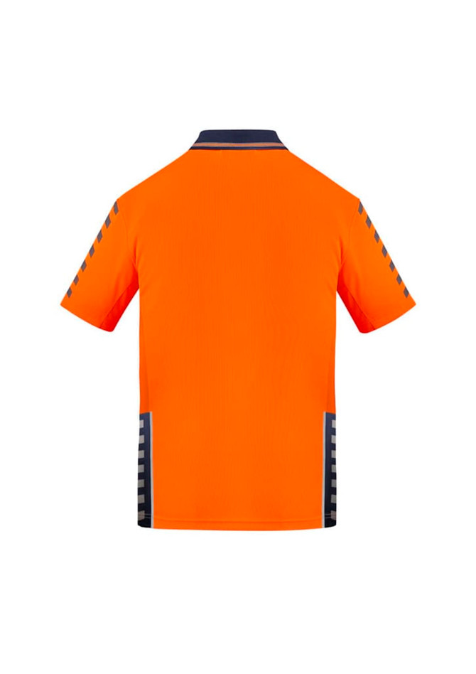 An orange short sleeve polo shirt featuring a logo and reflective detail on the sleeves and sides.