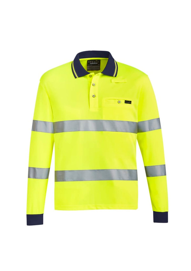 A bright yellow unisex polo shirt with reflective tape and navy accents, featuring a logo on the front.