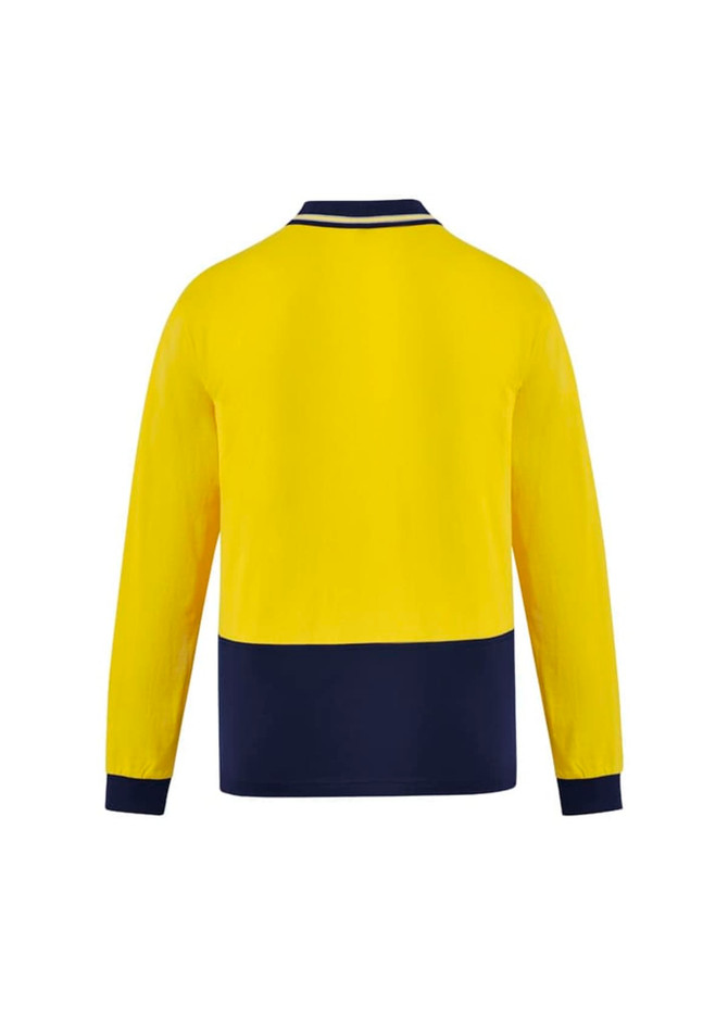 A long sleeve polo shirt in bright yellow with a navy blue lower section and a logo on the chest area.