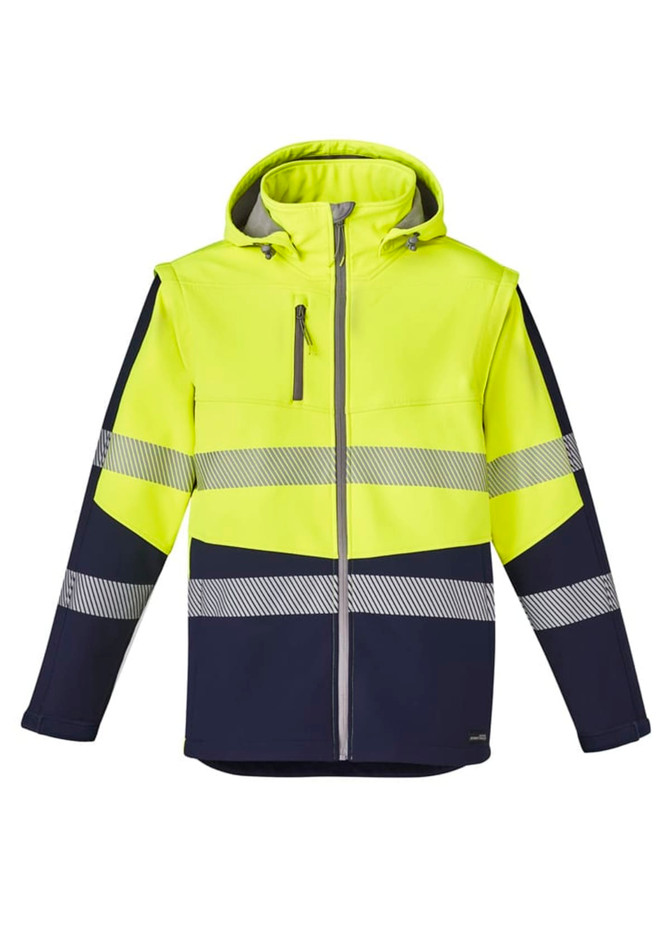 A unisex 2-in-1 stretch softshell jacket featuring a bright yellow and navy design, with reflective stripes and a hood.