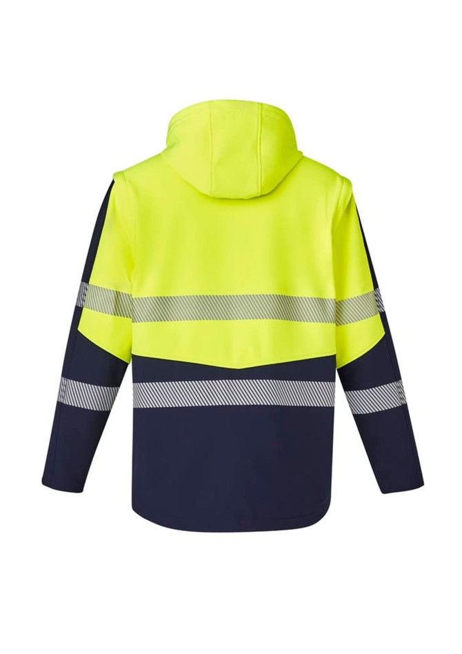 A unisex softshell jacket in high visibility yellow and navy, featuring reflective stripes and a hood.