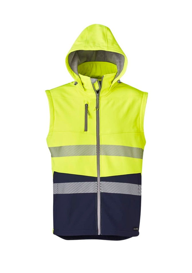 A unisex two-in-one stretch softshell jacket in bright yellow with navy stripes and a hood, featuring a logo.