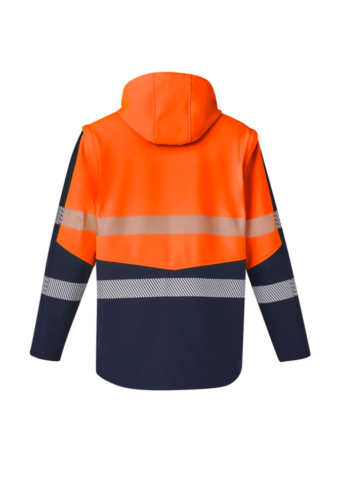 A unisex softshell jacket in orange and navy, featuring reflective stripes and a hood. It has a logo on the front.