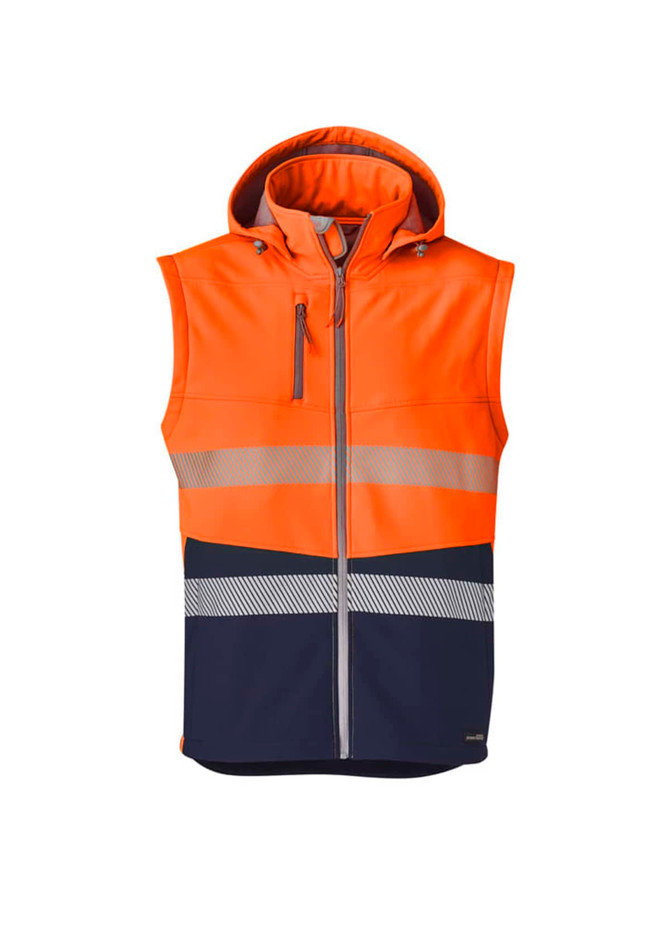 Unisex orange and navy softshell jacket with a hood and reflective strips, featuring a logo on the front.