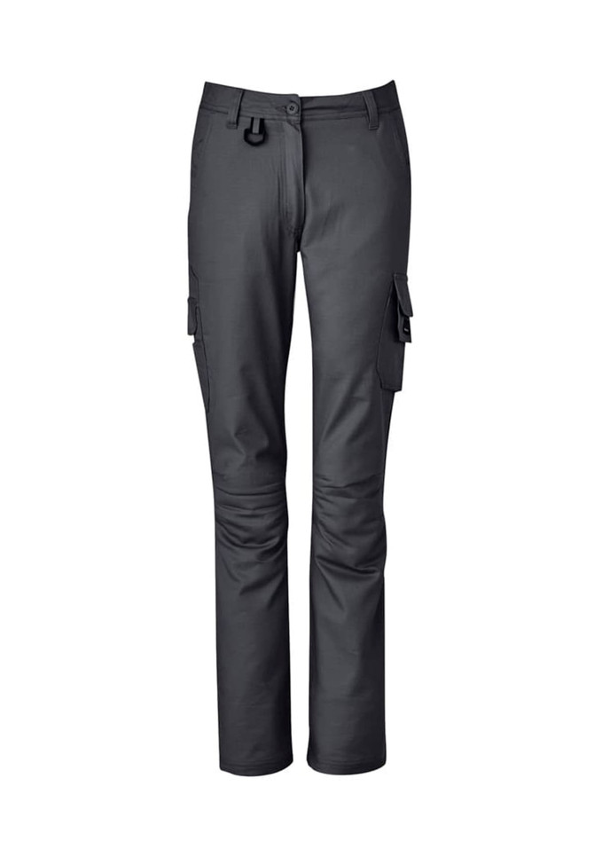 Rugged cooling cargo pants in dark grey, featuring multiple side pockets and a fitted design. Includes branding.
