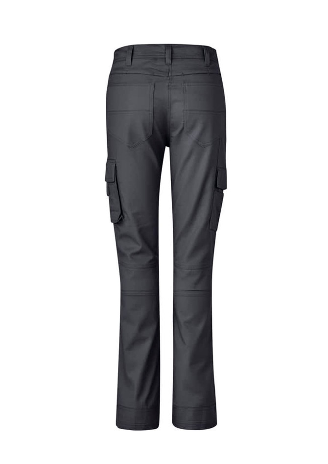 A pair of women's rugged cooling cargo pants in dark grey, featuring multiple side pockets and a fitted design.