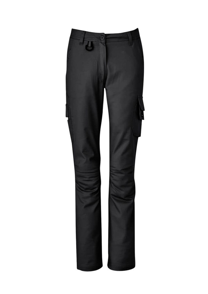 A pair of women's rugged cooling cargo pants in black, featuring multiple side pockets and a sleek design.