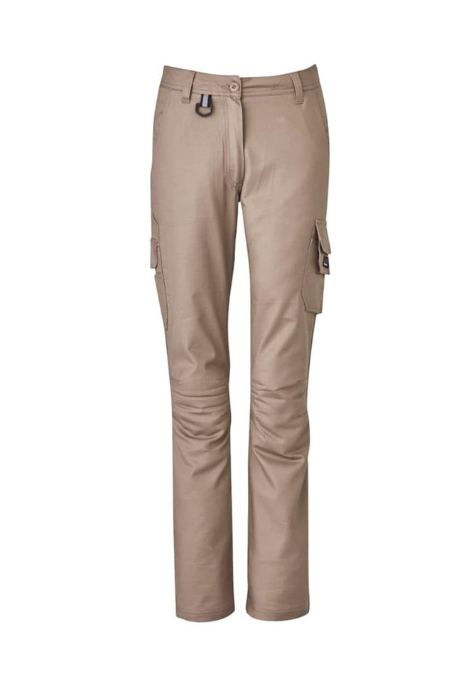 A pair of women's cargo pants in a khaki colour, featuring pockets and a fitted design.