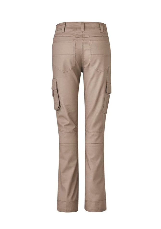 A pair of women's rugged cooling cargo pants in a khaki colour, featuring side pockets and a fitted design.