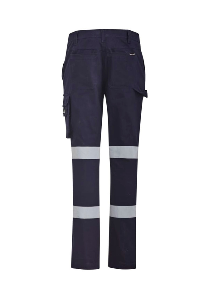 Dark navy work pants featuring reflective tape, cargo pockets, and a logo on the back.