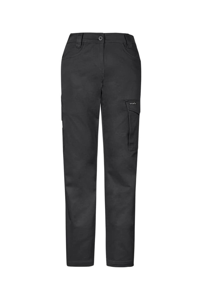 Black women's essential basic stretch cargo pants with pockets and a logo.