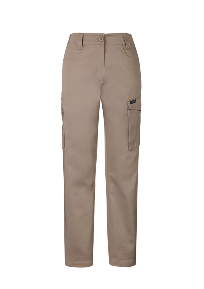 Khaki women's essential basic stretch cargo pants with multiple pockets and a logo branding on the side.