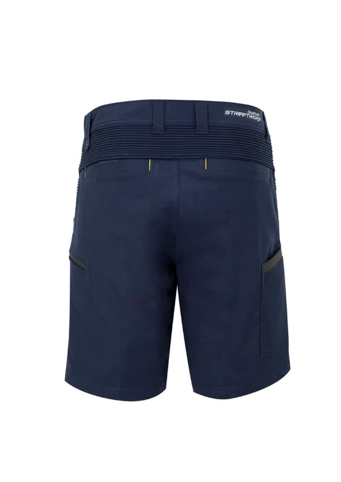 Men's navy work shorts featuring stretch fabric, multiple pockets, and a branded logo on the waistband.