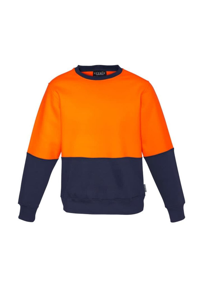 A unisex crew sweatshirt featuring a bright orange upper section and a navy lower section, with a logo on the front.