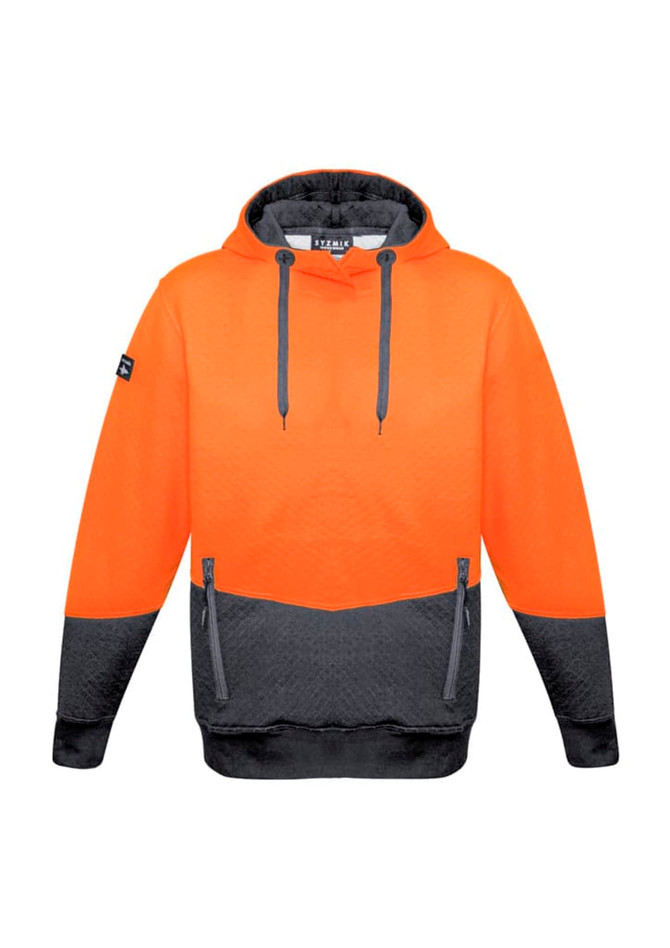 A unisex hoodie in vibrant orange with textured jacquard and black accents, featuring a logo on the sleeve.