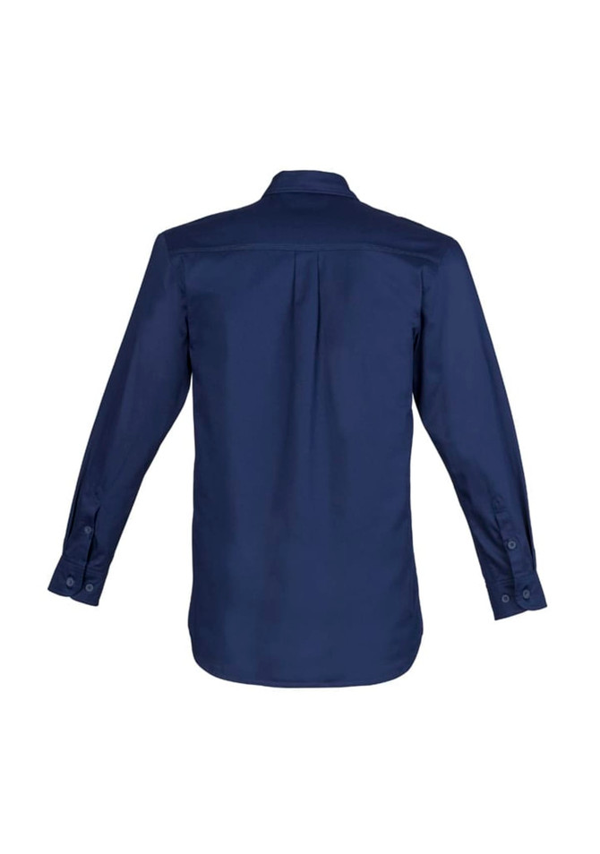 A navy blue lightweight long sleeve shirt with a button-up design and collar. Includes a logo on the chest.