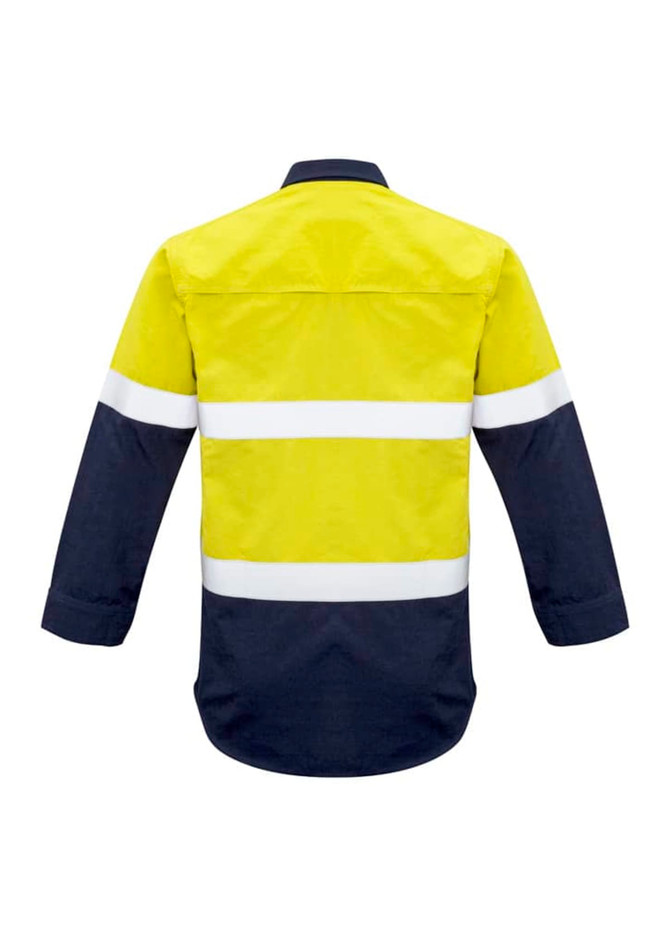 A hi-vis shirt featuring a yellow upper section and navy blue lower portion with reflective hoop tape.