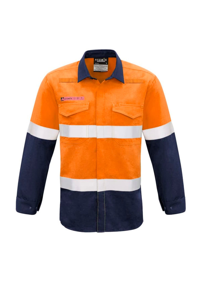 Hi-vis long-sleeve work shirt in orange and navy blue with hoop tape detailing and two front pockets.