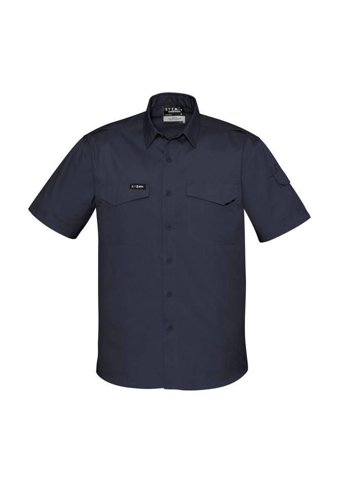 A navy short sleeve shirt with a collar, featuring two chest pockets and a logo on the side sleeve.